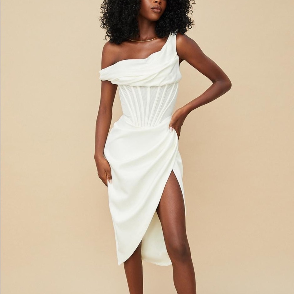 House of CB Lulu Ivory Asymmetric Drape Midi Corset Dress - XS
